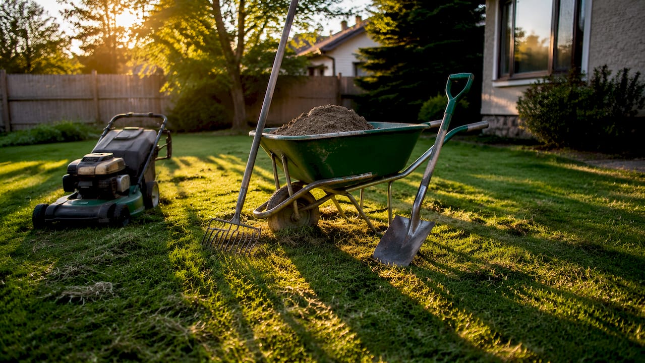 Topdressing tools arranged outdoors on driveway