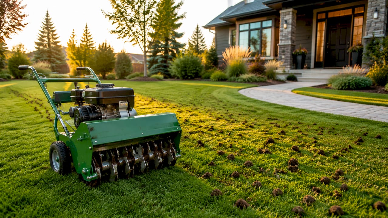 Close-up of rented core aerator on lawn