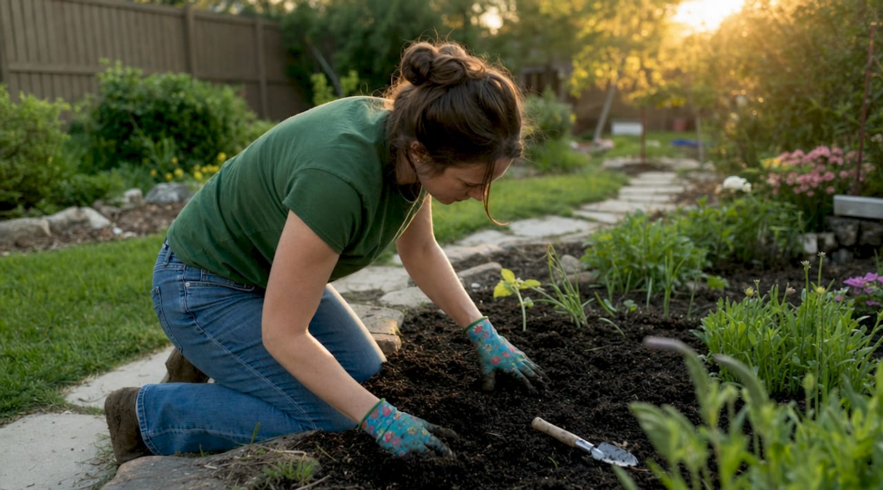 Hands spreading compost on garden soil