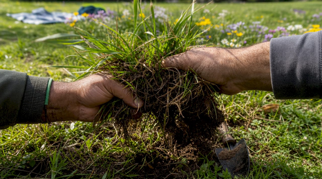 Close-up hands performing lawn tug test