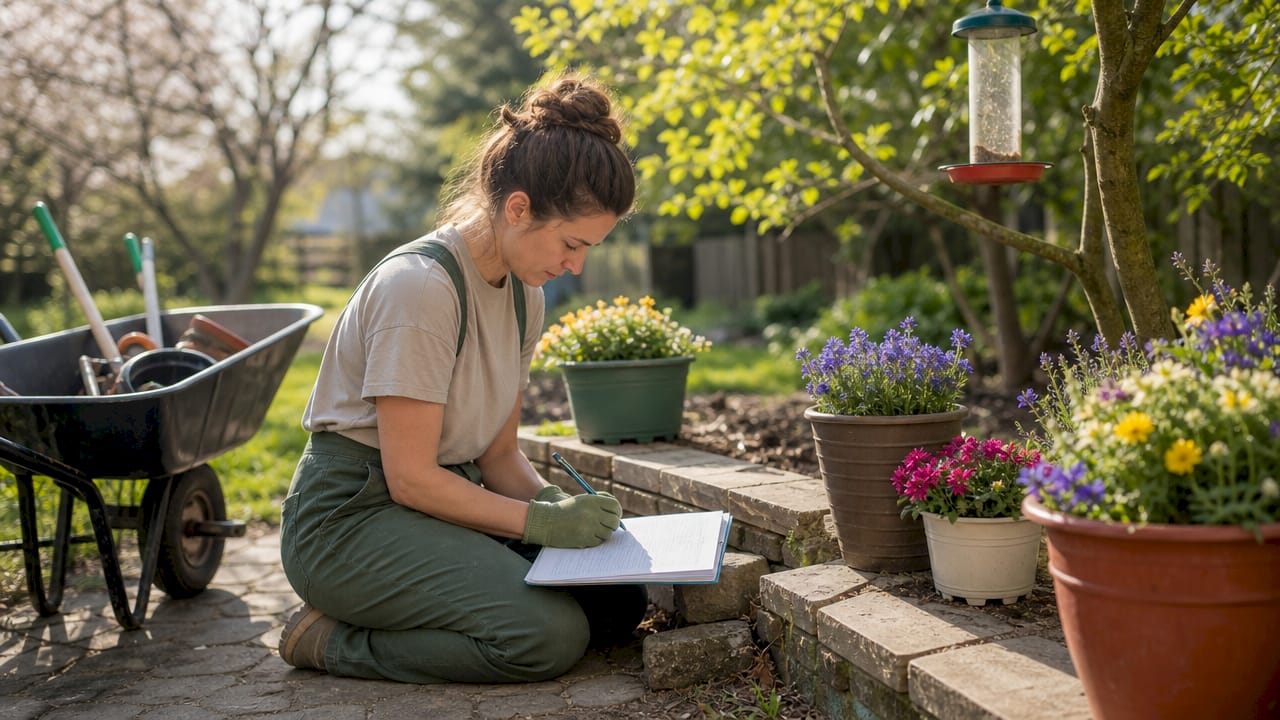 Hands checking spring cleanup checklist outdoors