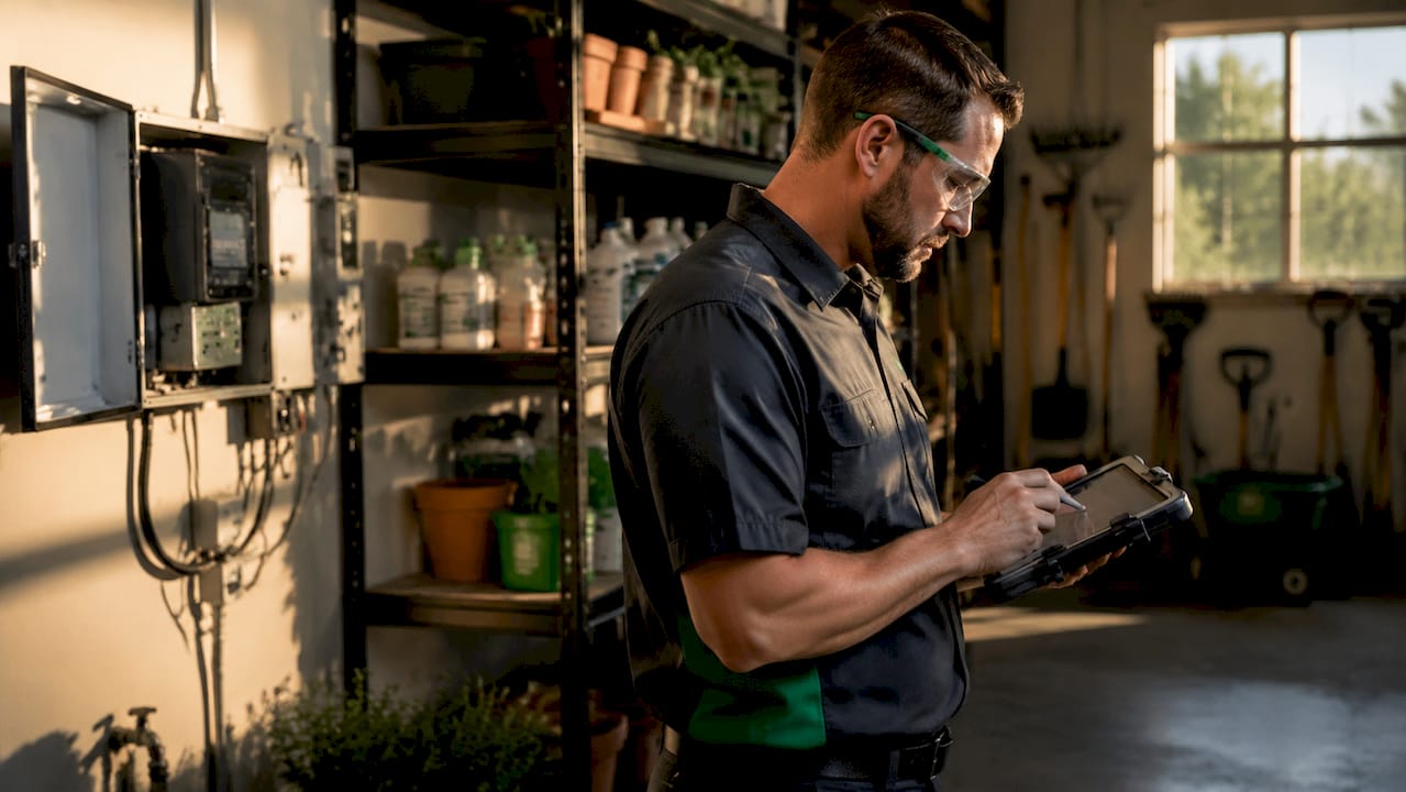 Technician adjusting irrigation system outdoors