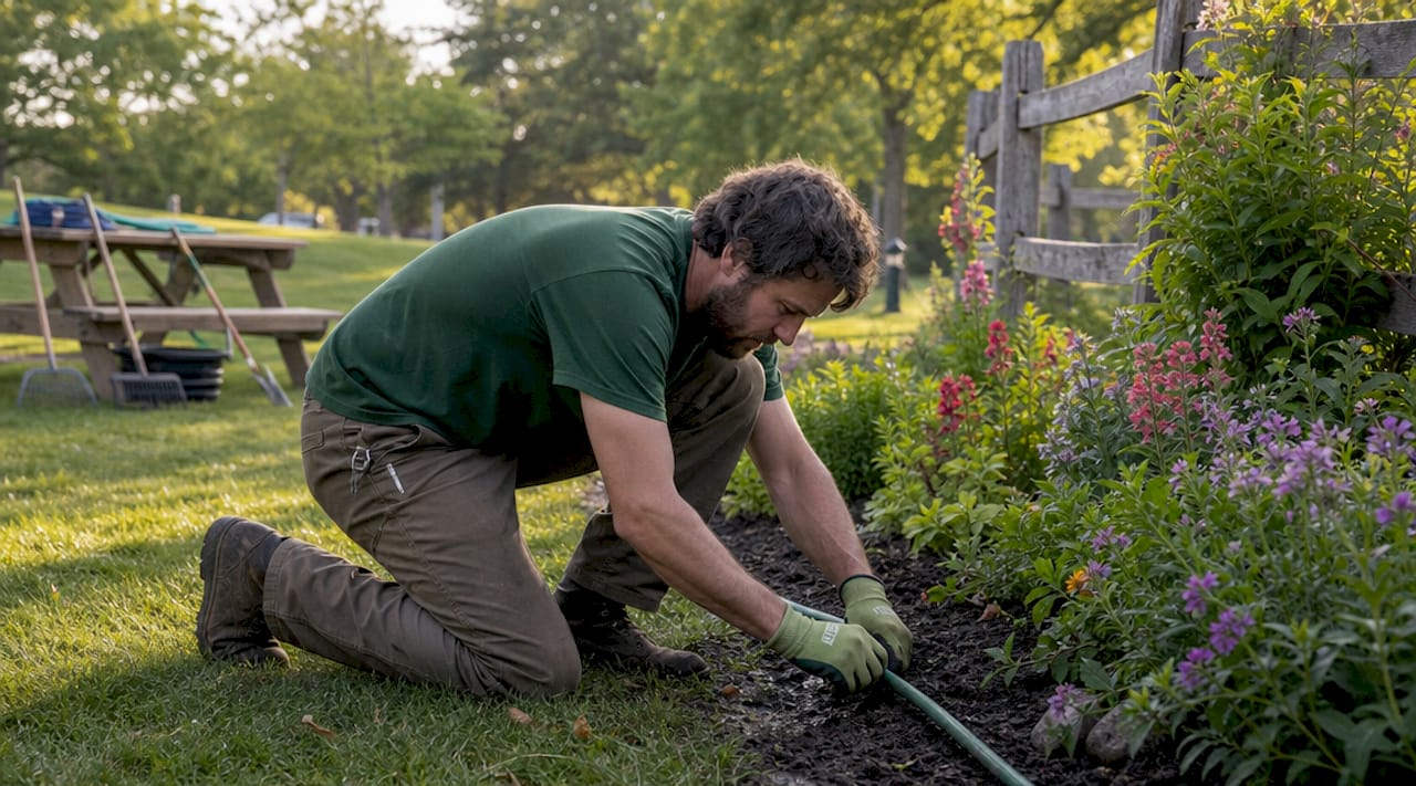 Hands adjusting garden hose near waterlogged bed