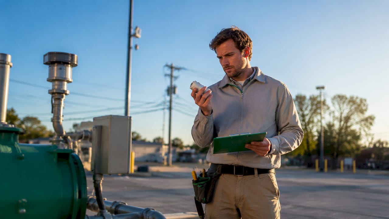 Technician installing IoT sensor outdoors