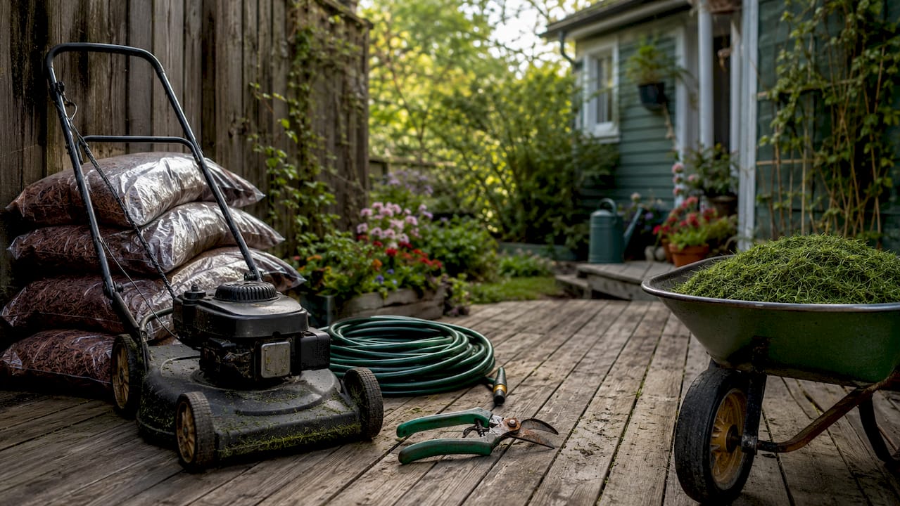 Neatly arranged outdoor yard maintenance tools