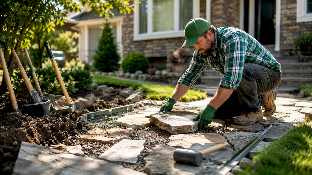 Contractor repairing stone patio in Calgary