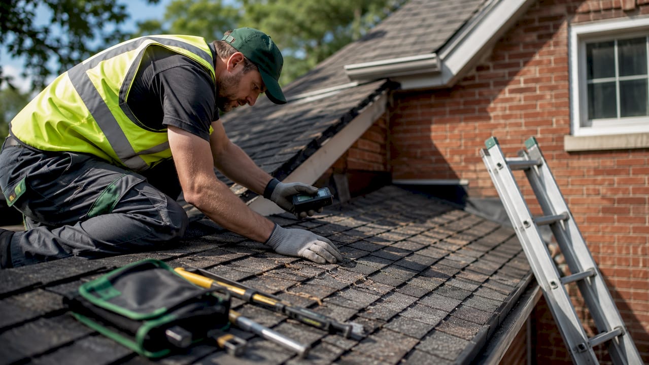 Technician inspecting roof shingles closely