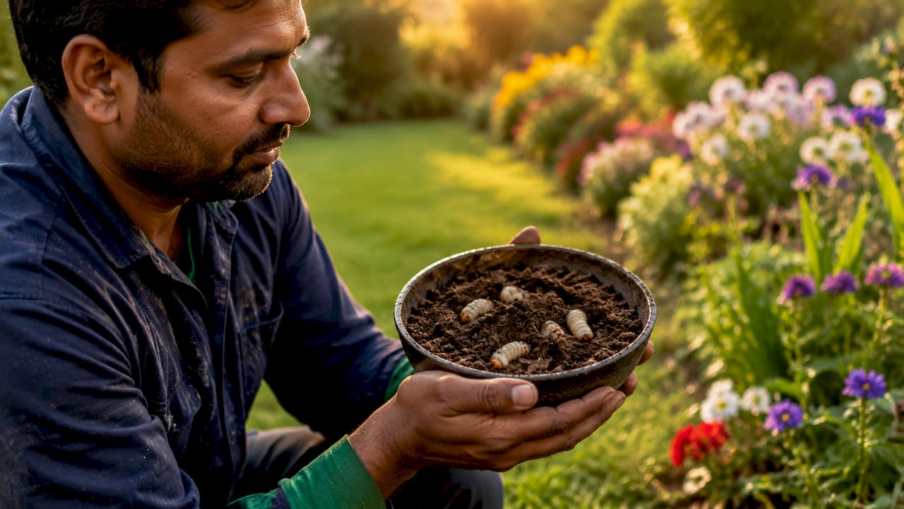 Close-up of hands holding soil tray with lawn grubs