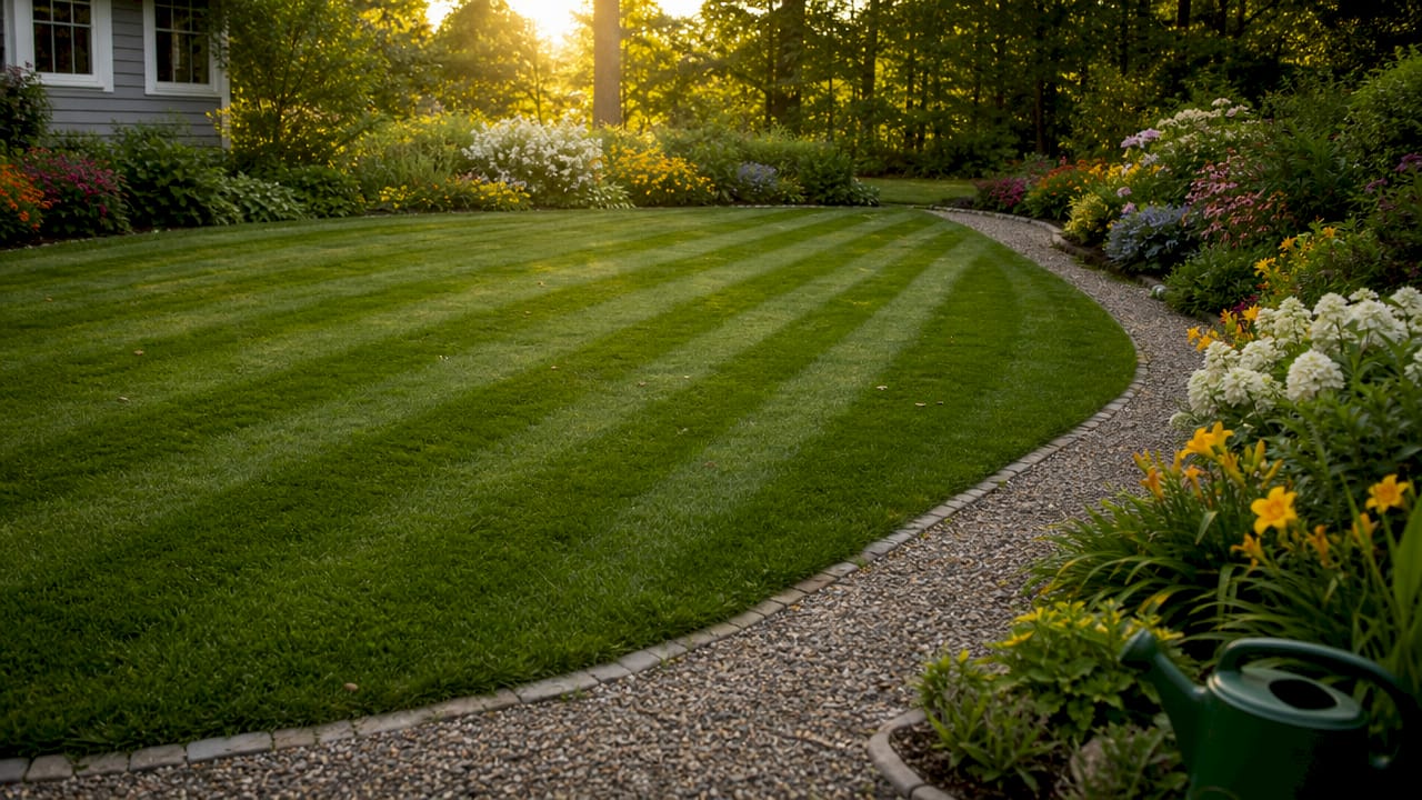 Freshly mowed lawn with straight stripes pattern