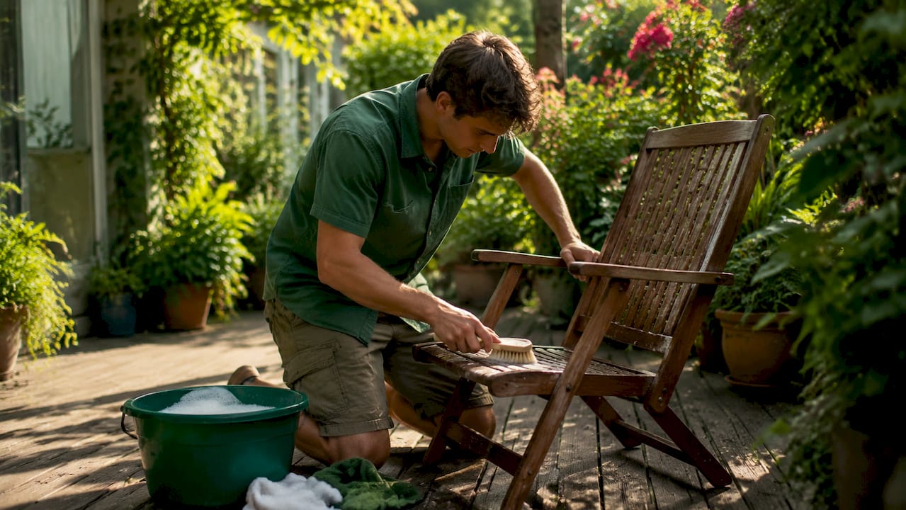 Man cleaning wooden outdoor patio chair