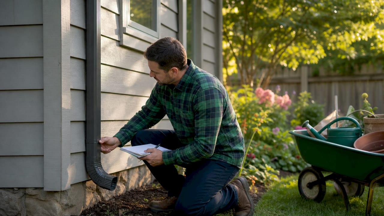 Landlord checking gutters outdoors for maintenance