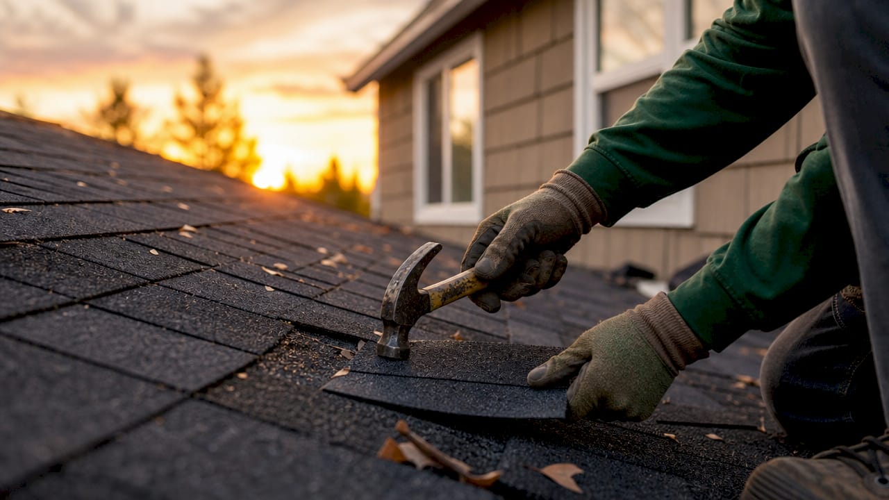 Hands inspecting roof shingles with hammer and gloves