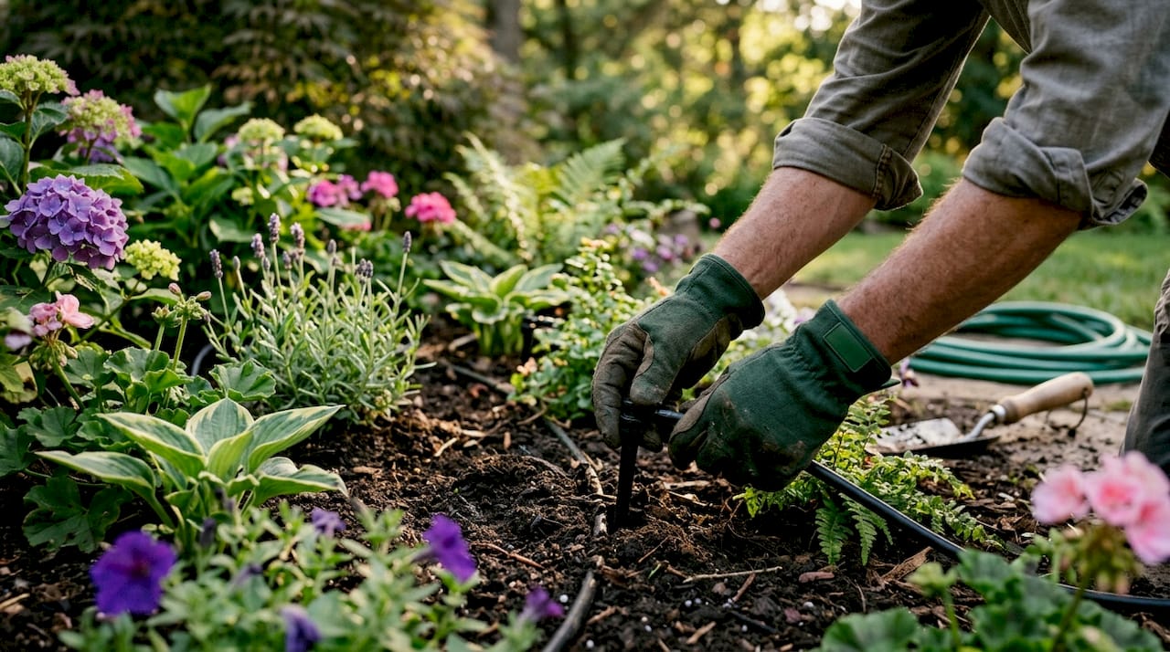 Gardener adjusting irrigation in flower bed