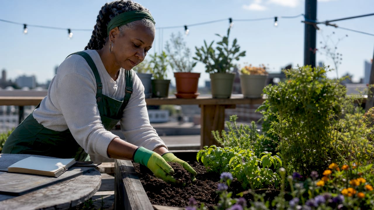 Hands measuring soil moisture in community garden bed