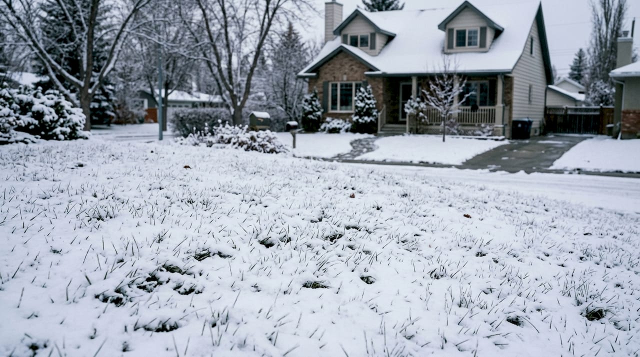 Lawn covered in insulating snow layer in Calgary winter