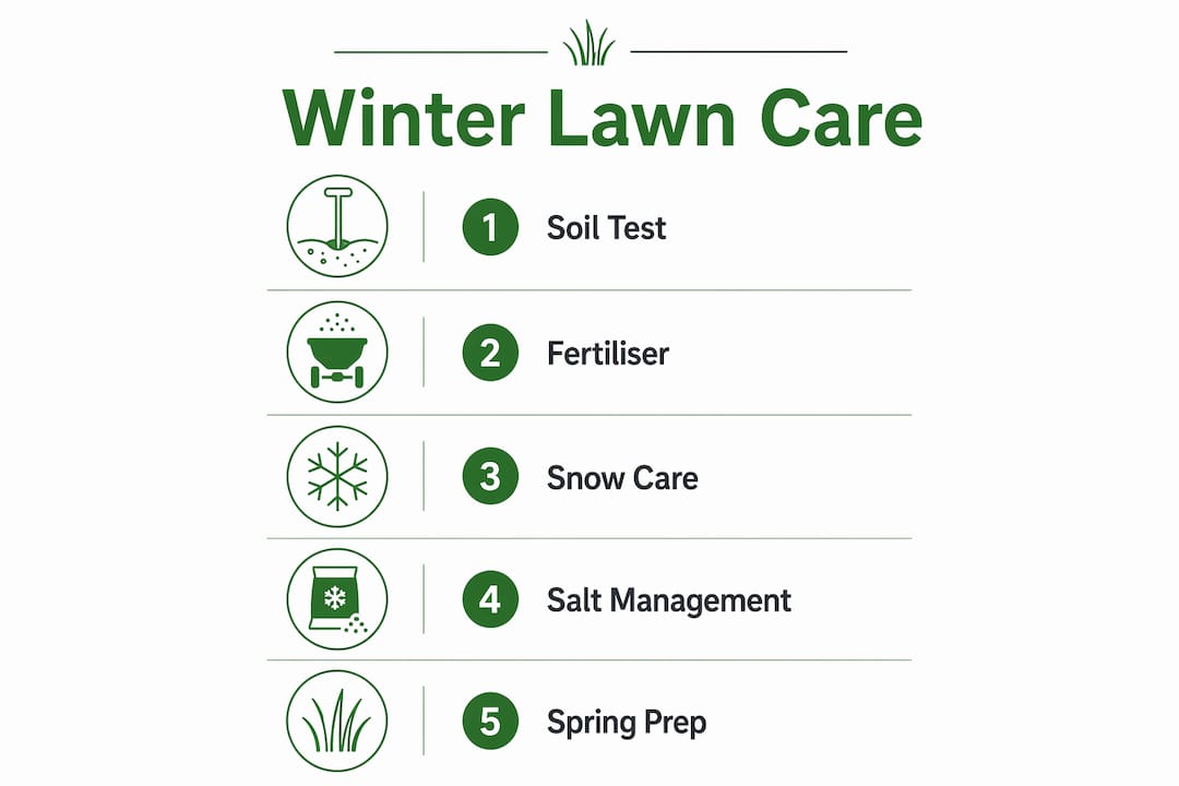 Infographic showing winter lawn care steps in sequence
