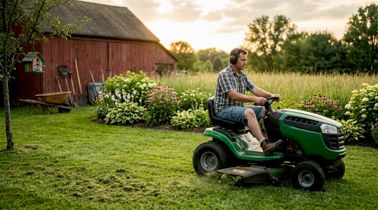 Gardener mowing lawn in shaded backyard garden