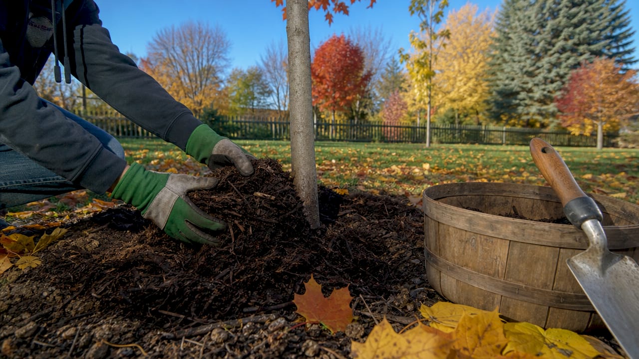 Hands applying mulch to garden plants for winter