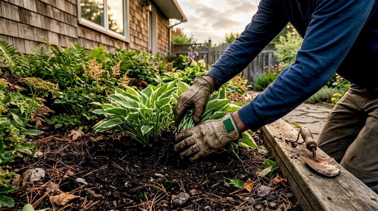 Hands dividing hosta plants in garden bed