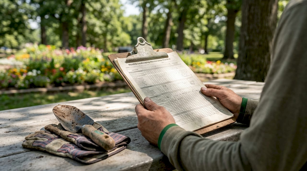 Hands holding landscaping checklist outdoors