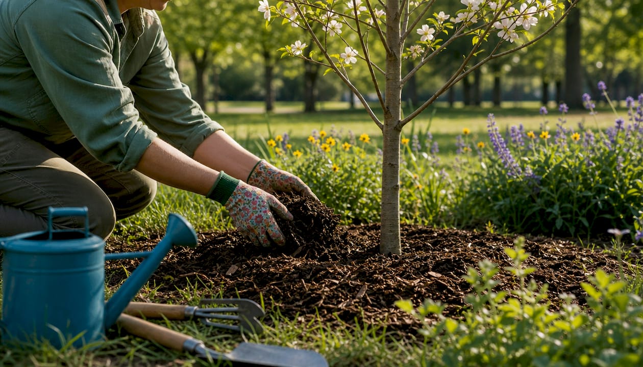Gloved hands applying mulch around tree roots
