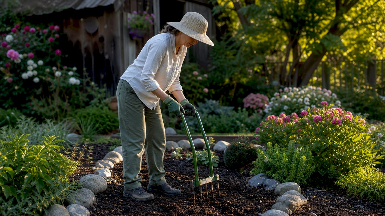 Gardener aerating and composting lawn soil