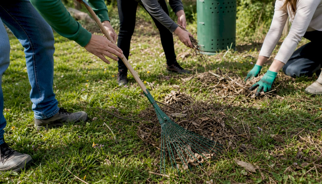 Hands raking dead leaves from spring lawn