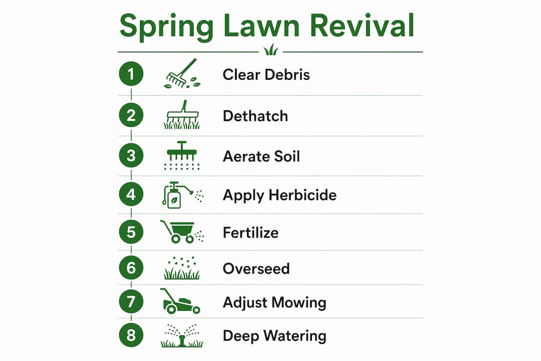 Infographic showing step-by-step spring lawn care process