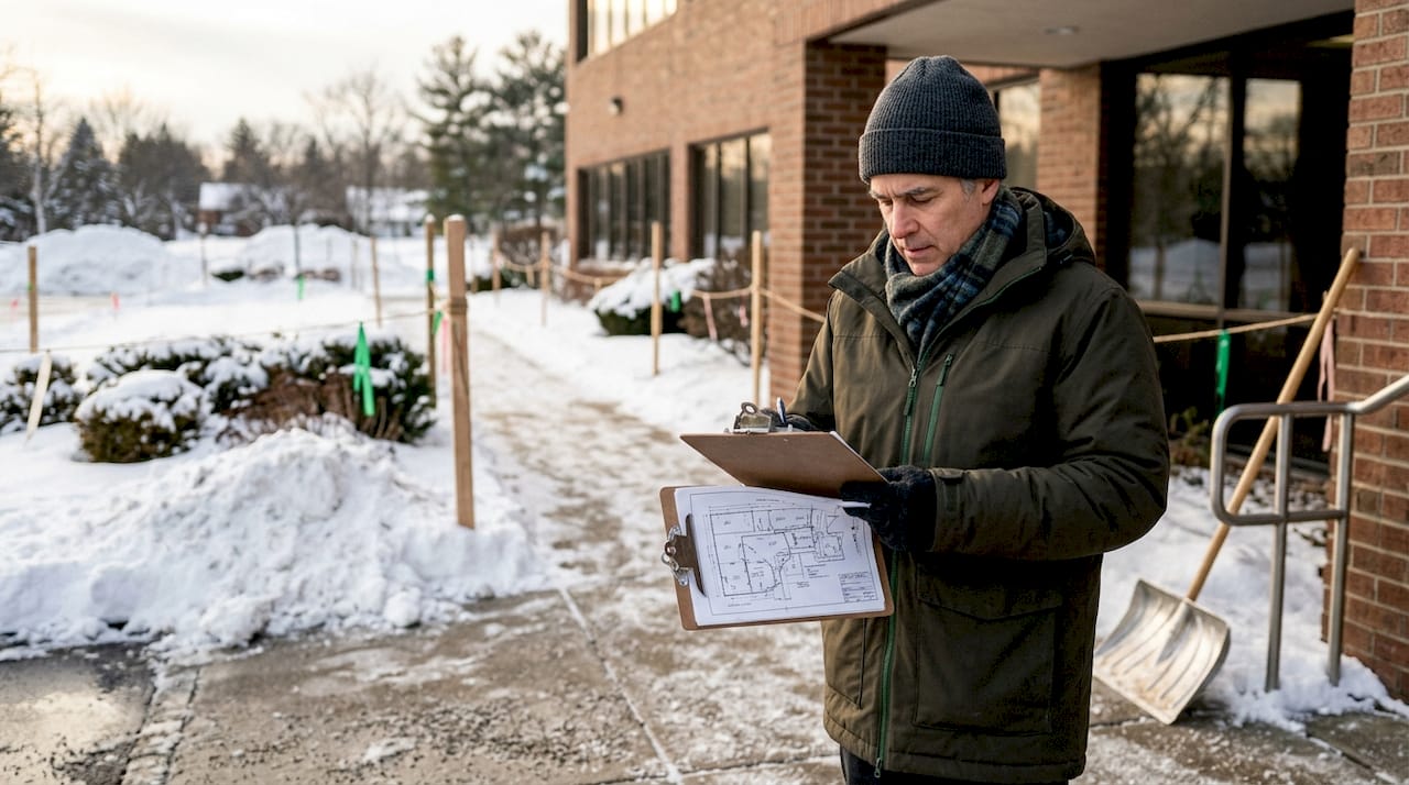 Facilities manager reviewing office snow removal plan