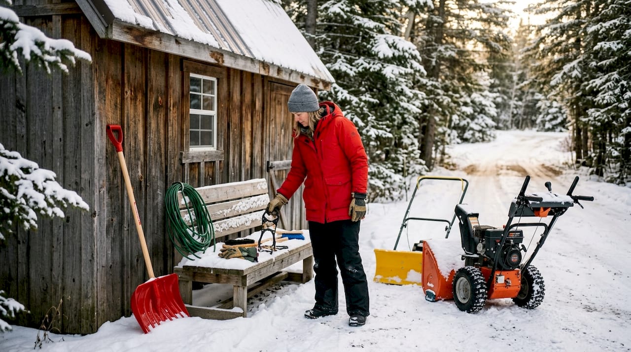 Woman choosing snow clearing tools in Calgary driveway