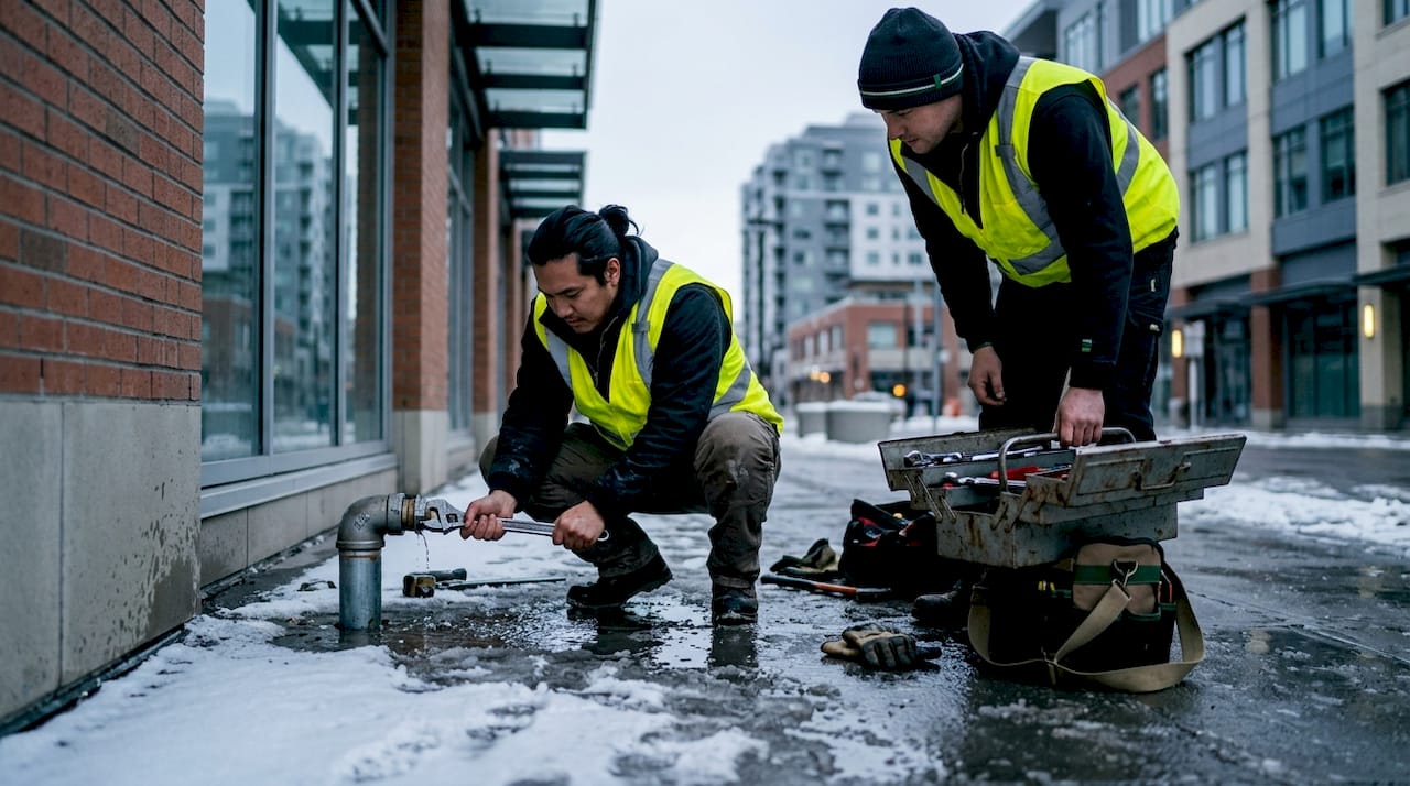 Local maintenance team repairing burst pipe outdoors
