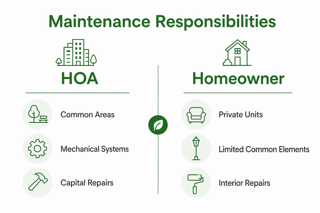 Infographic comparing HOA and homeowner maintenance responsibilities