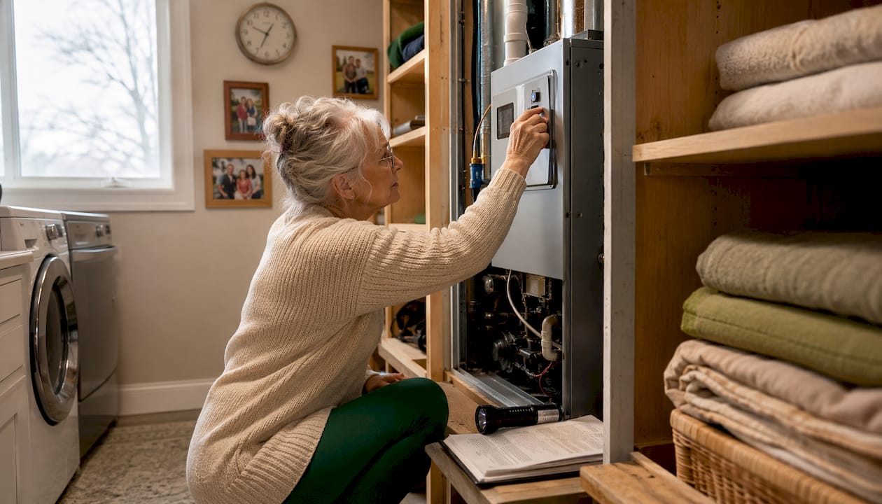 Overhead view of woman inspecting home furnace