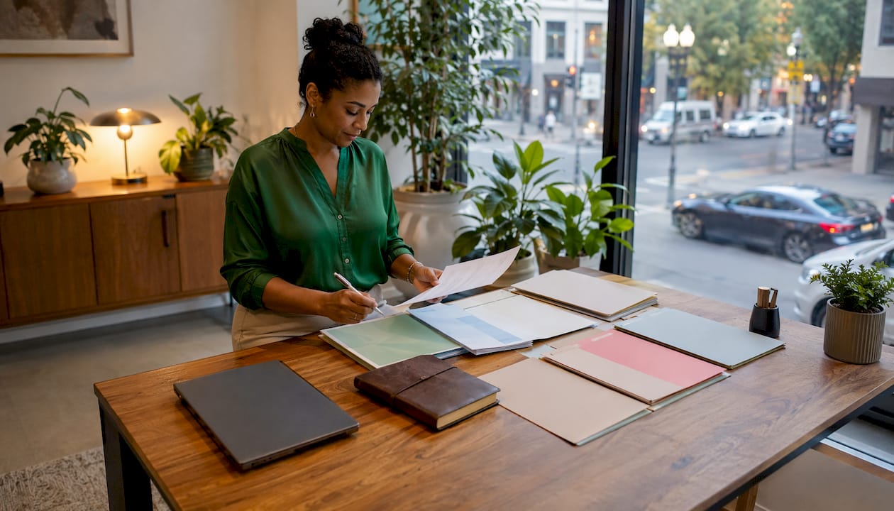Hands reviewing tenant screening report at desk