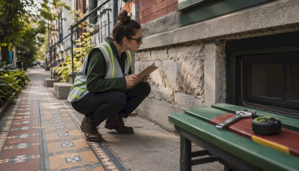 Maintenance technician inspecting property foundation