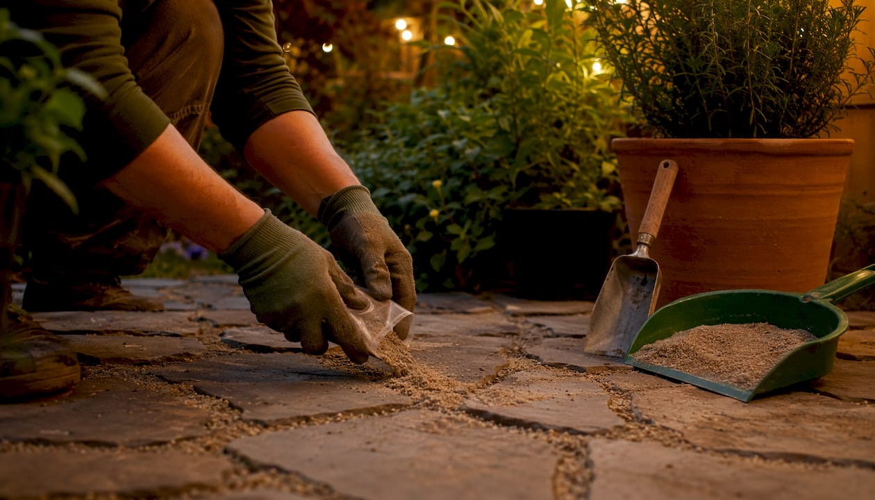 Hands applying polymeric sand to paver joints