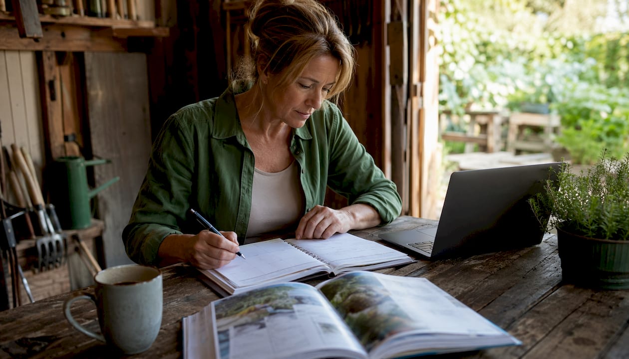 Woman scheduling hardscape maintenance indoors