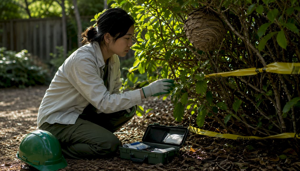 Landscaper inspecting environmental hazards outdoors