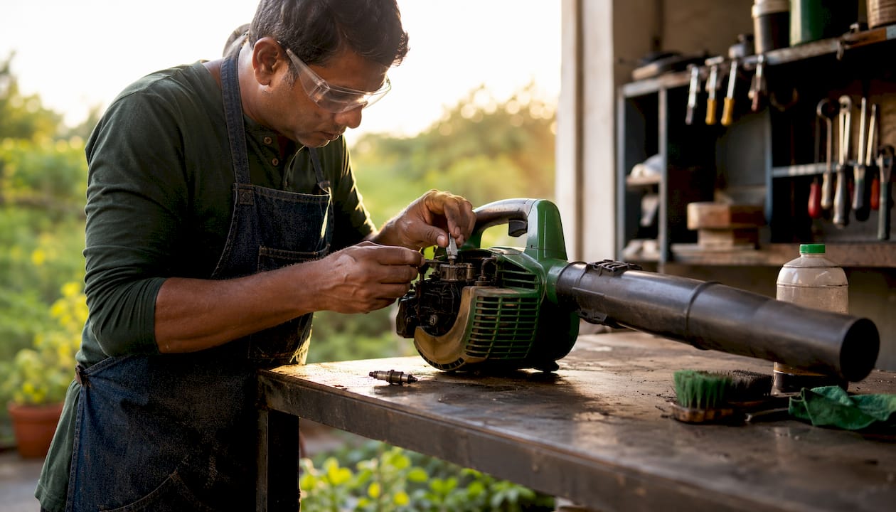 Inspecting landscaping equipment maintenance