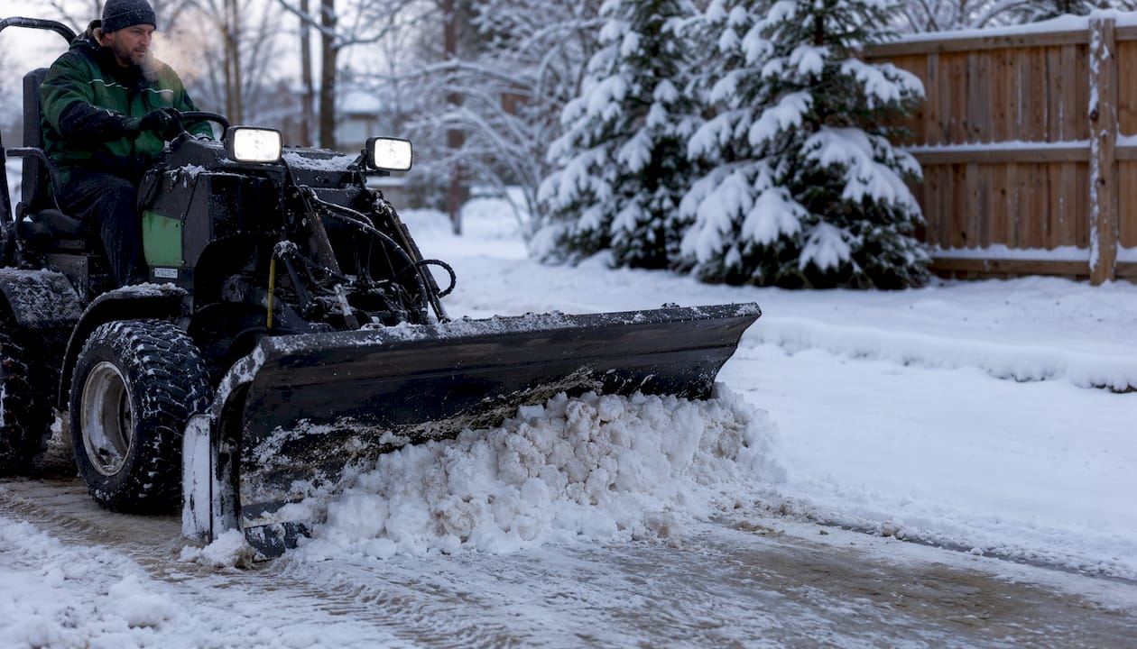 Technician plowing snow in Calgary winter