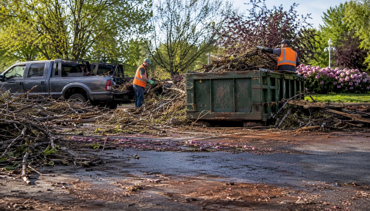 Workers clearing storm debris at Calgary property