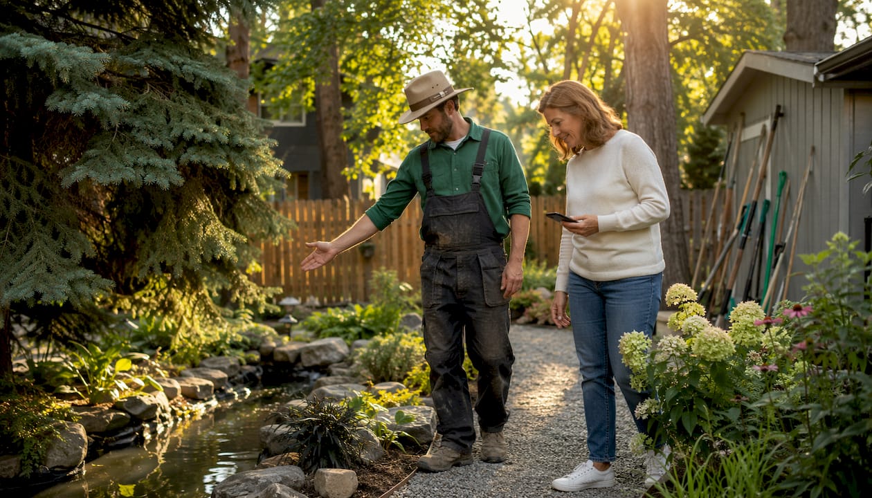 Homeowner and landscaper inspecting garden features