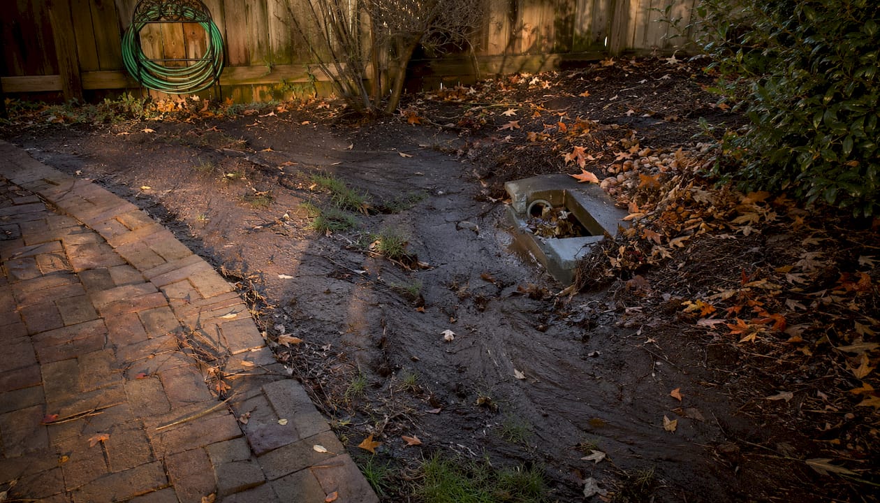 Eroded lawn soil near gutter downspout