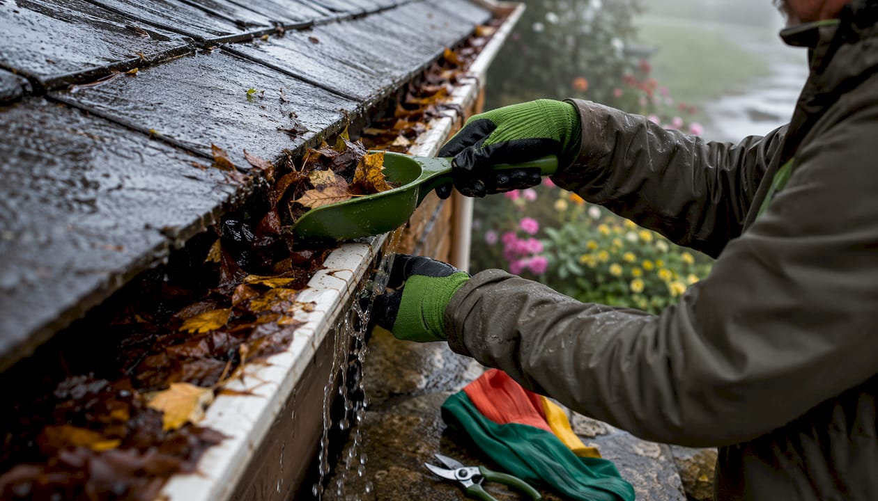 Hands clearing clogged gutter during rainfall