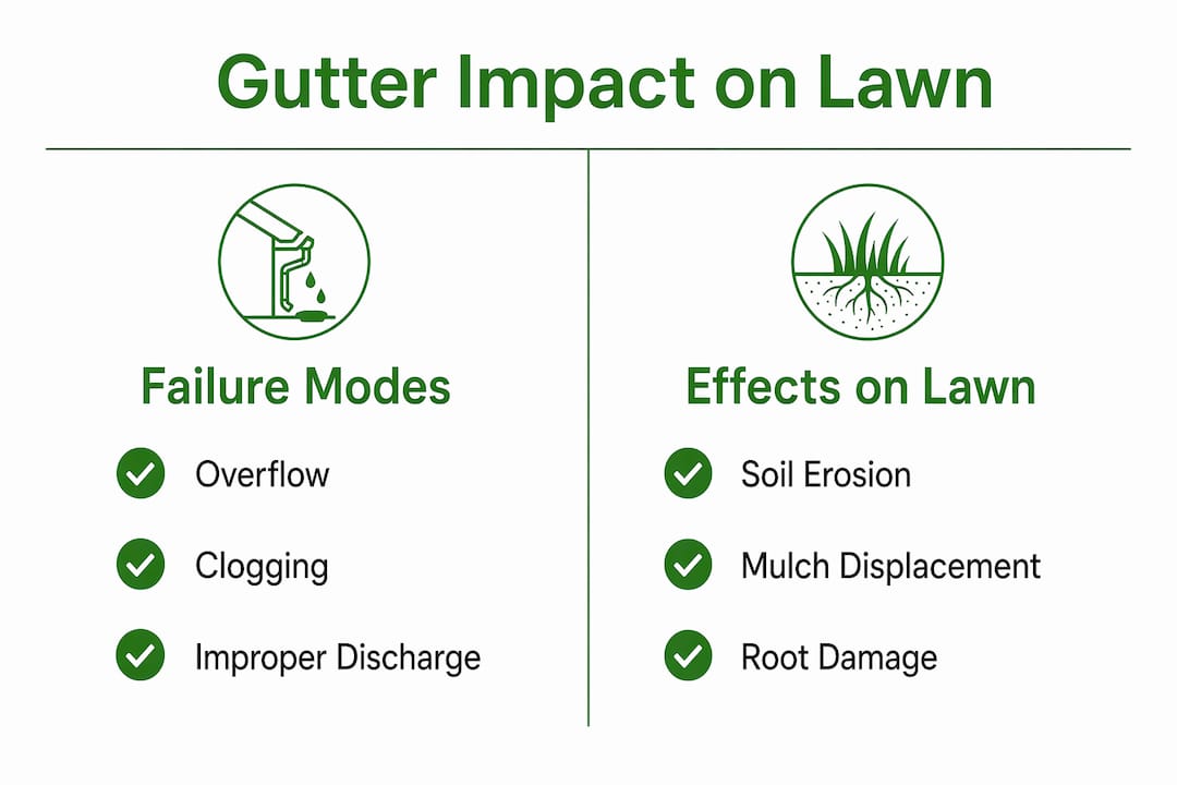 Infographic showing gutter failure modes and lawn effects