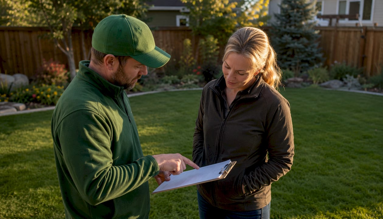 Homeowner and contractor discussing lawn care compliance outdoors