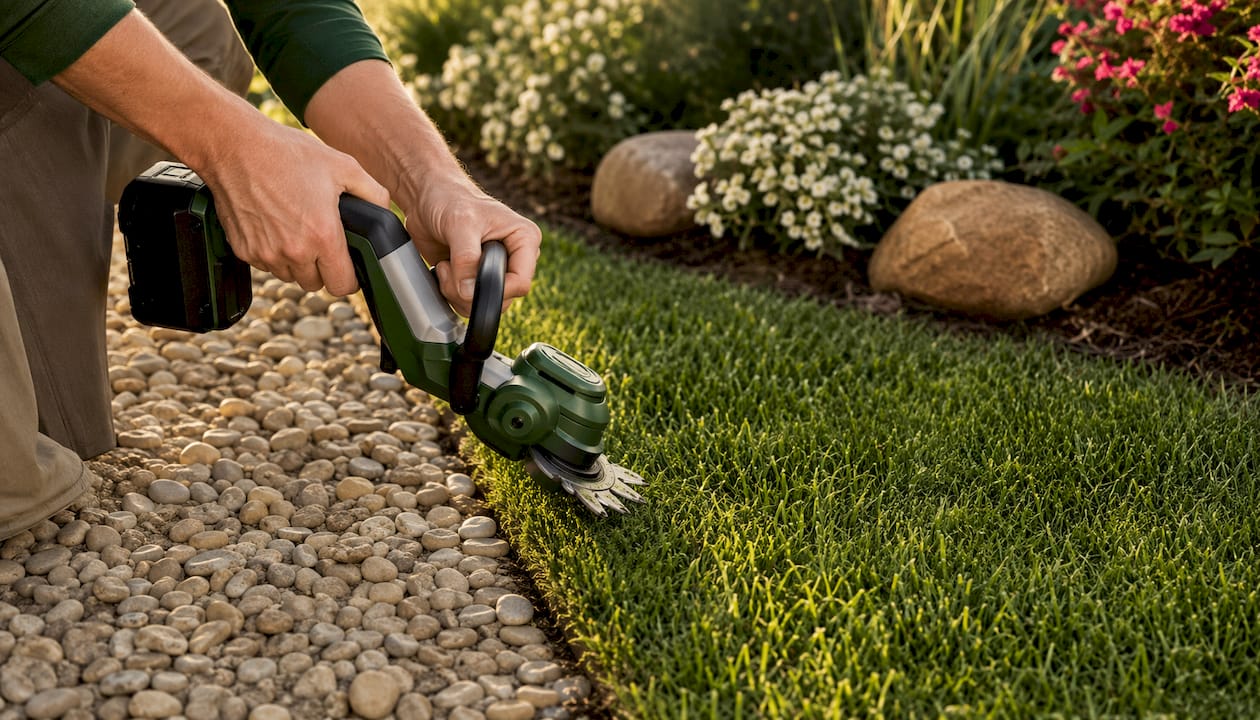 Hands operating string trimmer for lawn edging