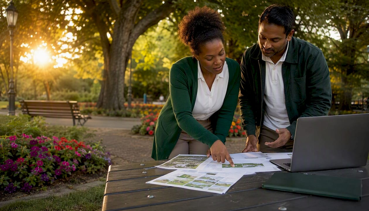 Property managers reviewing lawn care schedules outdoors