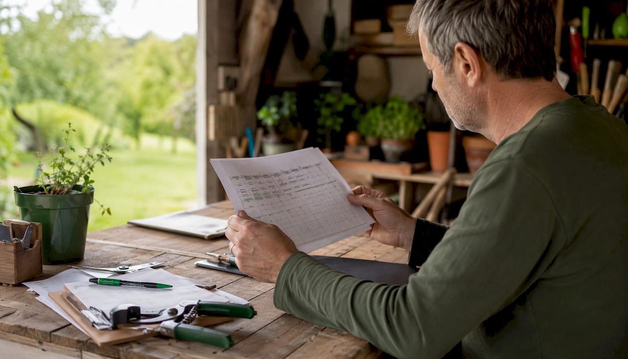 Hands working on lawn care scheduling paperwork