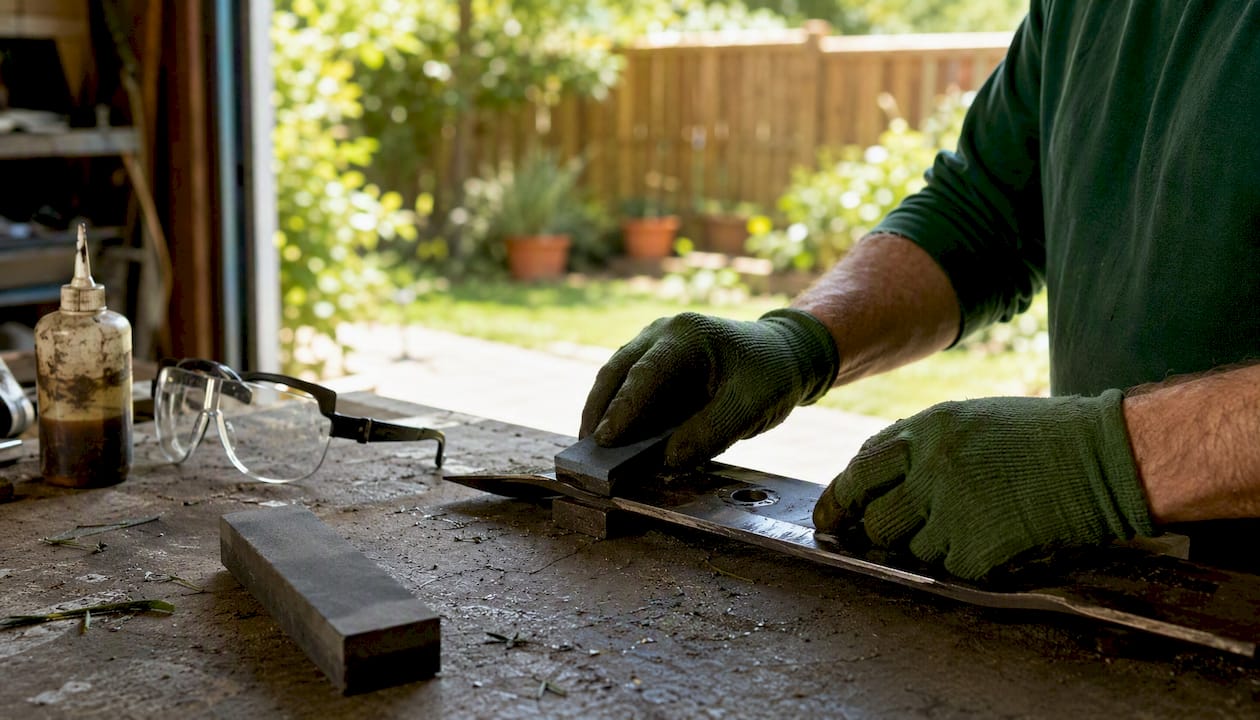 Hands holding sharpened lawn mower blade in garage
